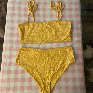 Plus Yellow Polka Dot Tie Shoulder Bikini Swimsuit